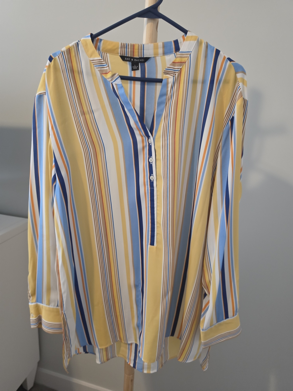 Zac & Rachel Yellow, Blue & White Striped V-Neck Button Blouse